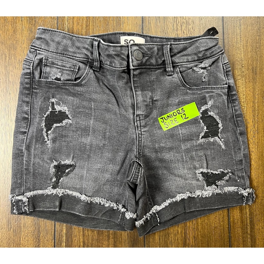 SO Juniors Distressed Denim Shorts Washed Black Gray Ripped Raw Hem Size 12